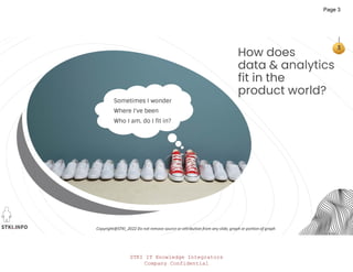 STKI IT Knowledge Integrators
Company Confidential
STKI.INFO
3
Copyright@STKI_2022 Do not remove source or attribution from any slide, graph or portion of graph
How does
data & analytics
fit in the
product world?
Page 3
 
