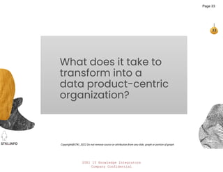 STKI IT Knowledge Integrators
Company Confidential
STKI.INFO
33
Copyright@STKI_2022 Do not remove source or attribution from any slide, graph or portion of graph
What does it take to
transform into a
data product-centric
organization?
Page 33
 