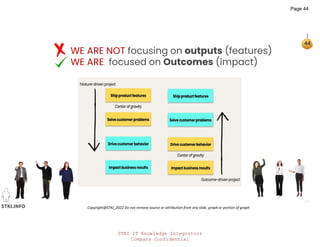STKI IT Knowledge Integrators
Company Confidential
STKI.INFO
44
Copyright@STKI_2022 Do not remove source or attribution from any slide, graph or portion of graph
WE ARE NOT focusing on outputs (features)
WE ARE focused on Outcomes (impact)
Page 44
 