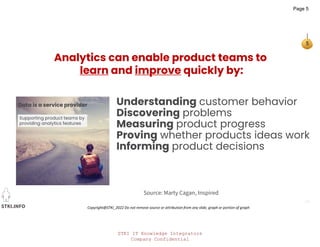 STKI IT Knowledge Integrators
Company Confidential
STKI.INFO
5
Copyright@STKI_2022 Do not remove source or attribution from any slide, graph or portion of graph
Understanding customer behavior
Discovering problems
Measuring product progress
Proving whether products ideas work
Informing product decisions
Source: Marty Cagan, Inspired
Analytics can enable product teams to
learn and improve quickly by:
Page 5
 