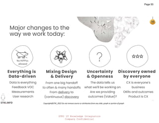 STKI IT Knowledge Integrators
Company Confidential
STKI.INFO
50
Copyright@STKI_2022 Do not remove source or attribution from any slide, graph or portion of graph
Major changes to the
way we work today:
Data is everything
Feedback VOC
Measurements
User research
Everything is
Data-driven
Mixing Design
& Delivery
From one big handoff
to often & many handoffs
From delivery to
(continuous) discovery
Uncertainty
& Openness
The data tells us
what we’ll be working on
Are we providing
outcomes (Value)?
Discovery owned
by everyone
CX is everyone’s
business
OKRs and outcomes
Product is CX
No HiPPos
allowed
Page 50
 