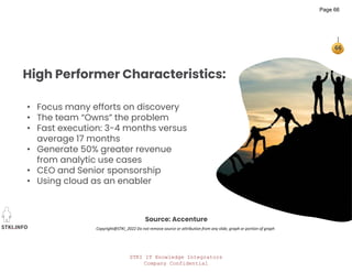 STKI IT Knowledge Integrators
Company Confidential
STKI.INFO
66
Copyright@STKI_2022 Do not remove source or attribution from any slide, graph or portion of graph
High Performer Characteristics:
• Focus many efforts on discovery
• The team “Owns” the problem
• Fast execution: 3-4 months versus
average 17 months
• Generate 50% greater revenue
from analytic use cases
• CEO and Senior sponsorship
• Using cloud as an enabler
Source: Accenture
Page 66
 