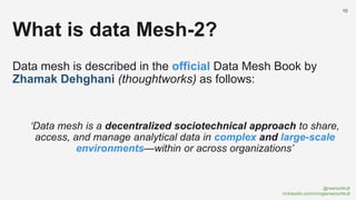 @rwerschkull
nl.linkedin.com/in/rogierwerschkull
10
Data mesh is described in the official Data Mesh Book by
Zhamak Dehghani (thoughtworks) as follows:
‘Data mesh is a decentralized sociotechnical approach to share,
access, and manage analytical data in complex and large-scale
environments—within or across organizations’
What is data Mesh-2?
 