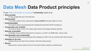 @rwerschkull
nl.linkedin.com/in/rogierwerschkull
25
To see ‘data / information as a product’*it practically needs to be:
 Discoverable
 An easy, google-like way to find data sets
 Addressable
 The product needs to have a permanent unique identifier that stays stable over time
 Understandable
 The product needs to accompanied with metadata that describes WHAT something is
 Trustworthy and ‘truthful’
 The product needs to have a lot a data quality metrics and lineage metadata attached
 Natively accessible
 Accessible via any interface that suits the consumer, ie as API / via ODBC-SQL / stream ‘topic’
 Interoperable and composable
 The product needs to be accompanied with metadata on HOW it can be combined with other products
 Valuable on its own
 Useable without the need to first combine it with other data products
 Secure
 Data security / privacy needs to work on the product without needing ‘something else’
Data Mesh Data Product principles
 