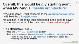@rwerschkull
nl.linkedin.com/in/rogierwerschkull
29
‘Pushing down’ DWH concerns to the operational systems
will likely be a long journey
In addition, a lot of the tech mentioned in the book to cover
some vital aspects of the data mesh does not exist yet
The alternative I see…
 Use the DWH 3.0 / Lakehouse pattern
 Make sure to cover the mentioned Data Mesh principles there
• I think the key there is to use Data Vault or other ELM-based data
modeling style as an enabler
Overall, this would be my starting point
when MVP-ing a ‘meshy architecture’
 