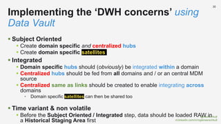 @rwerschkull
nl.linkedin.com/in/rogierwerschkull
30
 Subject Oriented
 Create domain specific and centralized hubs
 Create domain specific satellites
 Integrated
 Domain specific hubs should (obviously) be integrated within a domain
 Centralized hubs should be fed from all domains and / or an central MDM
source
 Centralized same as links should be created to enable integrating across
domains
• Domain specific satellites can then be shared too
 Time variant & non volatile
 Before the Subject Oriented / Integrated step, data should be loaded RAW in
a Historical Staging Area first
Implementing the ‘DWH concerns’ using
Data Vault
 