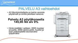 PALVELU A3 vaihtoehdot
• A3 Monitoimilaitteita on kahta versiota
pöytämalli ja omilla jaloillaan seisova.
Palvelu A3 pöytäkoneella
145,00 /kk alv 0%
• Hinta sisältää: Laitteen, 2000 mustaa
sivua/kk, 2000 värisivua/kk, huollot ja
tuen paikanpäällä seuraavaksi
työpäiväksi
 