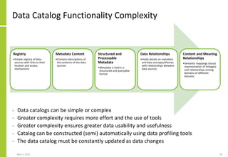 Data Catalog Functionality Complexity
May 3, 2021 29
Registry
•Simple registry of data
sources with links to their
location and access
mechanisms
Metadata Content
•Contains descriptions of
the contents of the data
sources
Structured and
Processable
Metadata
•Metadata is held in a
structured and queryable
format
Data Relationships
•Holds details on metadata
and data concepts/themes
with relationships between
data sources
Content and Meaning
Relationships
•Semantic mappings (visual
representation of linkages)
and relationships among
domains of different
datasets
• Data catalogs can be simple or complex
• Greater complexity requires more effort and the use of tools
• Greater complexity ensures greater data usability and usefulness
• Catalog can be constructed (semi) automatically using data profiling tools
• The data catalog must be constantly updated as data changes
 