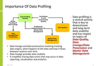 Importance Of Data Profiling
May 3, 2021 6
• Data profiling is
a central activity
that is key to
downstream
and long-term
data usability
and has impact
on topics of
Data Quality,
Data
Lineage/Data
Provenance and
Master Data
Management
Data Profiling
Activity
Data Quality
Data
Lineage/Data
Provenance
Contributes
to and
Ensures Data
Quality
Allows
Tracking of
Data Lineage
• Data lineage and data provenance involving tracking
data origins, what happens to the data and how it flows
between systems over time
• Data lineage provides data visibility
• It simplifies tracing data errors that may occur in data
reporting, visualisation and analytics
Master Data
Management
Enabled the
Implementation of
Master Data
Management
 
