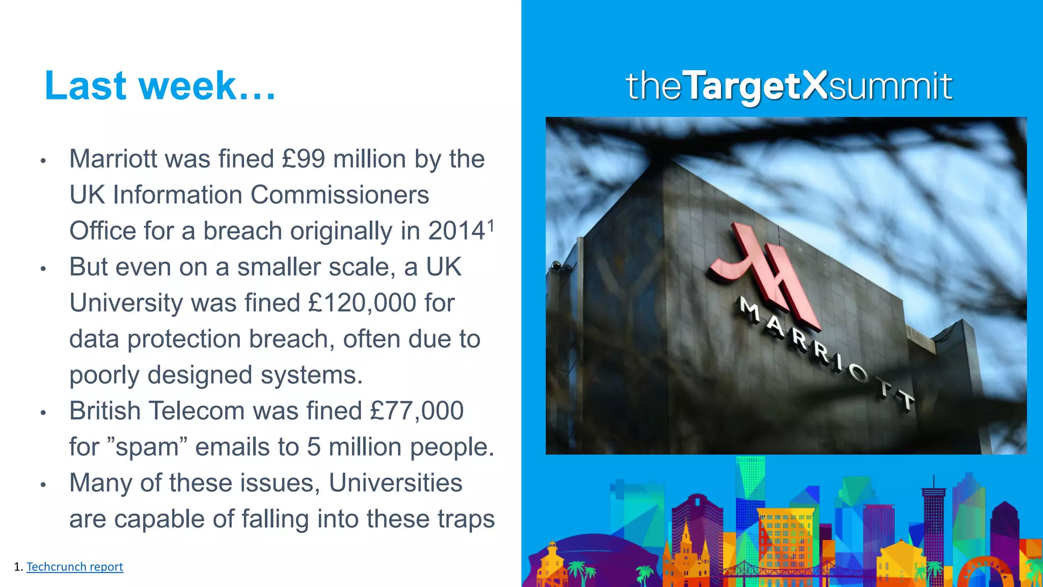 Last week…
• Marriott was fined £99 million by the
UK Information Commissioners
Office for a breach originally in 20141
• But even on a smaller scale, a UK
University was fined £120,000 for
data protection breach, often due to
poorly designed systems.
• British Telecom was fined £77,000
for ”spam” emails to 5 million people.
• Many of these issues, Universities
are capable of falling into these traps
1. Techcrunch report
 