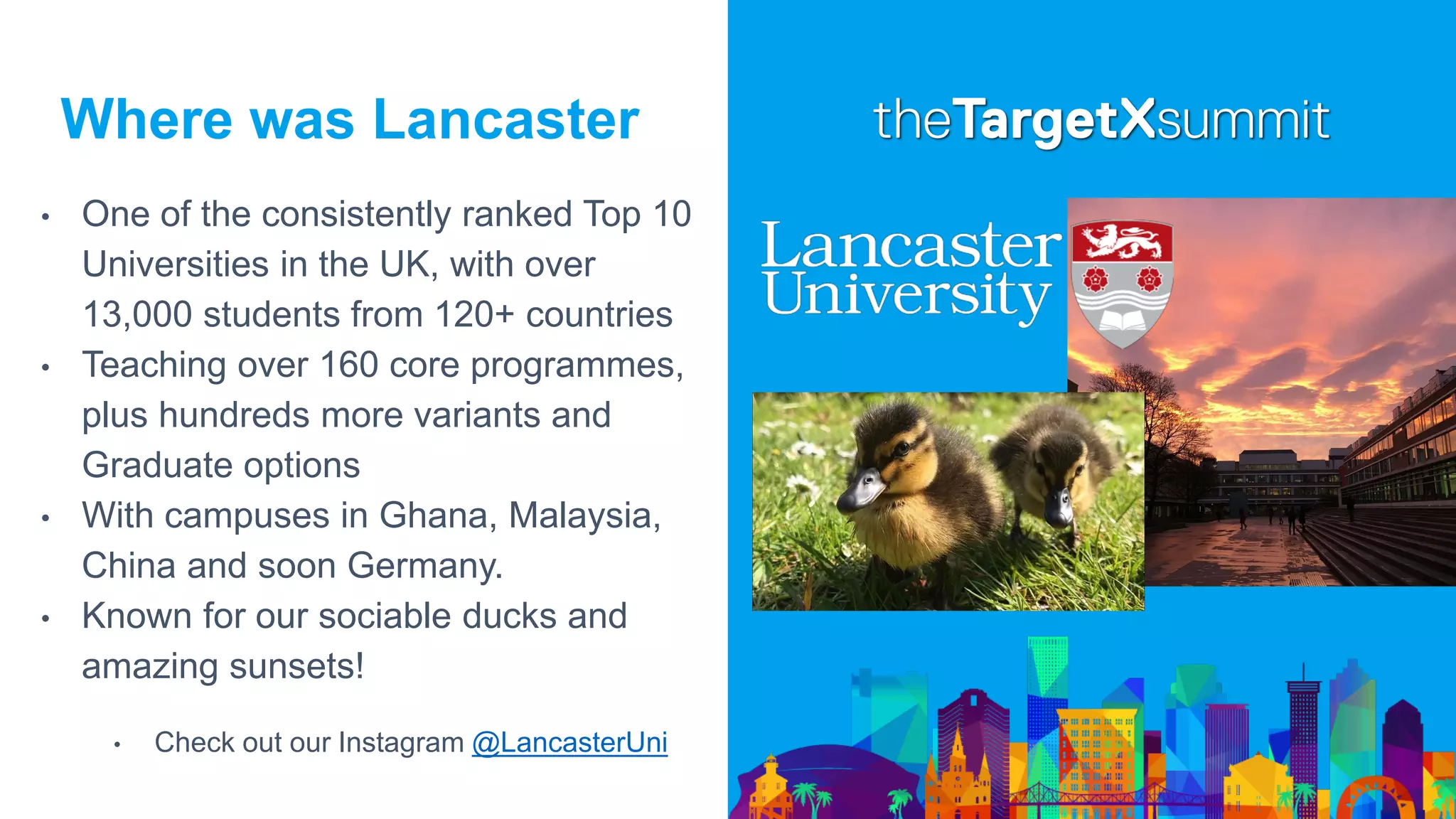 Where was Lancaster
• One of the consistently ranked Top 10
Universities in the UK, with over
13,000 students from 120+ countries
• Teaching over 160 core programmes,
plus hundreds more variants and
Graduate options
• With campuses in Ghana, Malaysia,
China and soon Germany.
• Known for our sociable ducks and
amazing sunsets!
• Check out our Instagram @LancasterUni
 
