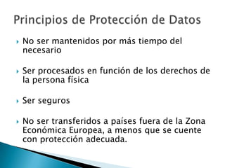 No ser mantenidos por más tiempo del necesarioSer procesados en función de los derechos de la persona físicaSer segurosNo ser transferidos a países fuera de la Zona Económica Europea, a menos que se cuente con protección adecuada. Principios de Protección de Datos