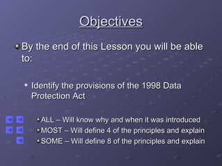 Objectives By the end of this Lesson you will be able to: Identify the provisions of the 1998 Data Protection Act ALL – Will know why and when it was introduced MOST – Will define 4 of the principles and explain SOME – Will define 8 of the principles and explain 