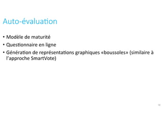 •  Modèle	de	maturité	
•  Ques?onnaire	en	ligne	
•  Généra?on	de	représenta?ons	graphiques	
«boussoles»	(similaire	à	l’approche	SmartVote)	
Auto-évalua?on	
18
 