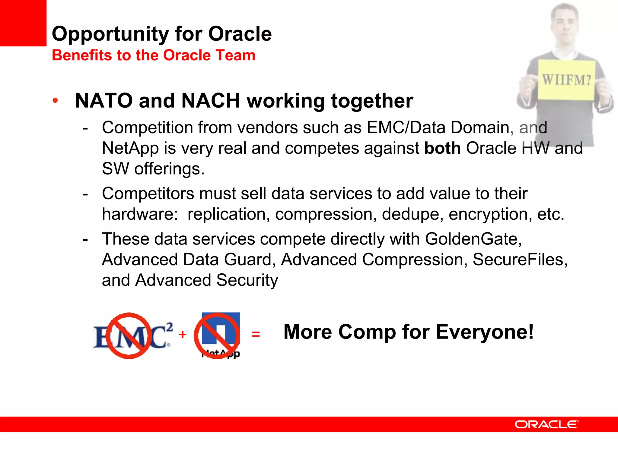• NATO and NACH working together
- Competition from vendors such as EMC/Data Domain, and
NetApp is very real and competes against both Oracle HW and
SW offerings.
- Competitors must sell data services to add value to their
hardware: replication, compression, dedupe, encryption, etc.
- These data services compete directly with GoldenGate,
Advanced Data Guard, Advanced Compression, SecureFiles,
and Advanced Security
Opportunity for Oracle
Benefits to the Oracle Team
+ = More Comp for Everyone!
 