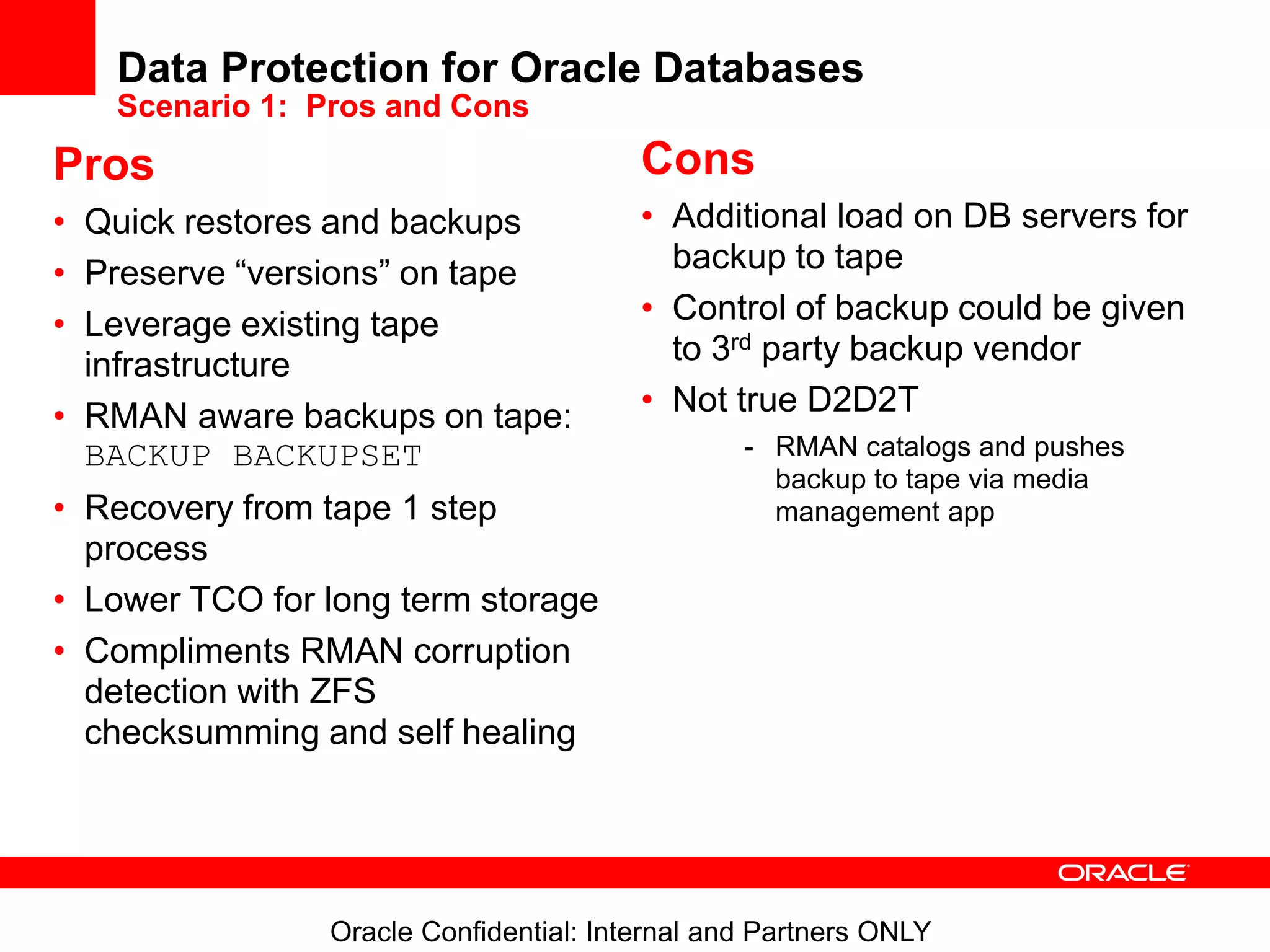 Oracle Confidential: Internal and Partners ONLY
Data Protection for Oracle Databases
Scenario 1: Pros and Cons
Pros
• Quick restores and backups
• Preserve “versions” on tape
• Leverage existing tape
infrastructure
• RMAN aware backups on tape:
BACKUP BACKUPSET
• Recovery from tape 1 step
process
• Lower TCO for long term storage
• Compliments RMAN corruption
detection with ZFS
checksumming and self healing
Cons
• Additional load on DB servers for
backup to tape
• Control of backup could be given
to 3rd party backup vendor
• Not true D2D2T
- RMAN catalogs and pushes
backup to tape via media
management app
 