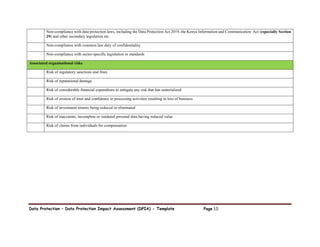Data Protection – Data Protection Impact Assessment (DPIA) - Template Page 10
Non-compliance with data protection laws, including the Data Protection Act 2019, the Kenya Information and Communication Act (especially Section
29) and other secondary legislation etc
Non-compliance with common law duty of confidentiality
Non-compliance with sector-specific legislation or standards
Associated organisational risks
Risk of regulatory sanctions and fines
Risk of reputational damage
Risk of considerable financial expenditure to mitigate any risk that has materialized
Risk of erosion of trust and confidence in processing activities resulting in loss of business
Risk of investment returns being reduced or eliminated
Risk of inaccurate, incomplete or outdated personal data having reduced value
Risk of claims from individuals for compensation
 
