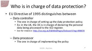 MK99 – Big Data 
7 
Who is in charge of data protection? 
•EU Directive of 1995 distinguishes between 
–Data controller 
•...