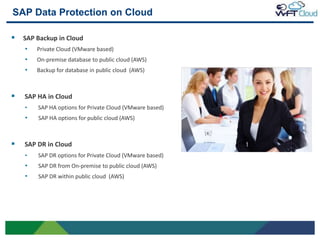 SAP Data Protection on Cloud

    SAP Backup in Cloud
     •   Private Cloud (VMware based)
     •   On-premise database to public cloud (AWS)
     •   Backup for database in public cloud (AWS)



    SAP HA in Cloud
     •   SAP HA options for Private Cloud (VMware based)
     •   SAP HA options for public cloud (AWS)



    SAP DR in Cloud
     •   SAP DR options for Private Cloud (VMware based)
     •   SAP DR from On-premise to public cloud (AWS)
     •   SAP DR within public cloud (AWS)




15
 