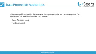 Data Protection Authorities
www.seersco.com
Independent public authorities that supervise, through investigative and corrective powers, The
application of the data protection law. They provide:
• Expert Advice on issues
• Handle complaints
 