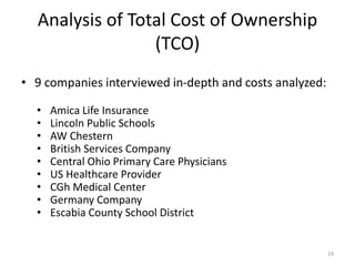 Analysis of Total Cost of Ownership
(TCO)
• 9 companies interviewed in-depth and costs analyzed:
• Amica Life Insurance
• ...