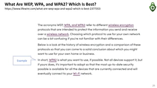 What Are WEP, WPA, and WPA2? Which Is Best?
https://www.lifewire.com/what-are-wep-wpa-and-wpa2-which-is-best-2377353
Example
26
 