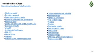•Ontario Telemedicine Network
•Remote therapy
•Ronald S. Weinstein
•Tele-epidemiology
•Teladoc
•Telecare
•Telemental health
•Teleneuropsychology
•Telenursing
•Telepathology
•Telepsychology
•UNESCO Chair in Telemedicine
•Telemedecine 360
Telehealth Resources
https://en.wikipedia.org/wiki/Telehealth
29
•Medicine portal
•Technology portal
•Telecommunication portal
•American Telemedicine Association
•American Well
•Center for Telehealth and E-Health Law
•Connected health
•eHealth
•In absentia health care
•MDLIVE
•Mercy Virtual
•mHealth
•National Rural Health Association
 