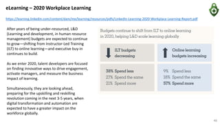eLearning – 2020 Workplace Learning
https://learning.linkedin.com/content/dam/me/learning/resources/pdfs/LinkedIn-Learning-2020-Workplace-Learning-Report.pdf
46
After years of being under-resourced, L&D
(Learning and development, in human resource
management) budgets are expected to continue
to grow—shifting from Instructor-Led Training
(ILT) to online learning—and executive buy-in
continues to build.
As we enter 2020, talent developers are focused
on finding innovative ways to drive engagement,
activate managers, and measure the business
impact of learning.
Simultaneously, they are looking ahead,
preparing for the upskilling and reskilling
revolution coming in the next 3-5 years, when
digital transformation and automation are
expected to have a greater impact on the
workforce globally.
 