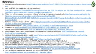 References:
1. Coronavirus disinformation unit, https://www.computerweekly.com/news/252479721/DCMS-to-oversee-coronavirus-disinformation-
unit
2. Here are 2,780+ free ebooks and 100 free audiobooks,
https://www.reddit.com/r/FreeEBOOKS/comments/fip0m1/here_are_2780_free_ebooks_and_100_free_audiobooks/?utm_medium
=social&utm_source=twitter&utm_content=reddit&utm_campaign=text
3. All the free online resources parents need in home 'schooling' during coronavirus outbreak , https://www.zdnet.com/article/all-the-
free-online-resources-parents-guardians-need-in-home-schooling/?ftag=COS-
0510aaa0g&taid=5e7e0e06ef5fb4000146a263&utm_campaign=trueAnthem%3A+Trending+Content&utm_medium=trueAnthem&ut
m_source=twitter
4. California Consumer Privacy Act, OCT 4, 2019, https://www.csoonline.com/article/3182578/california-consumer-privacy-act-what-
you-need-to-know-to-be-compliant.html
5. GDPR and Tokenizing Data, https://tdwi.org/articles/2018/06/06/biz-all-gdpr-and-tokenizing-data-3.aspx
6. GDPR VS CCPA, https://wirewheel.io/wp-content/uploads/2018/10/GDPR-vs-CCPA-Cheatsheet.pdf
7. General Data Protection Regulation, https://en.wikipedia.org/wiki/General_Data_Protection_Regulation
8. IBM Framework Helps Clients Prepare for the EU's General Data Protection Regulation, https://ibmsystemsmag.com/IBM-
Z/03/2018/ibm-framework-gdpr
9. INTERNATIONAL STANDARD ISO/IEC 20889, https://webstore.ansi.org/Standards/ISO/ISOIEC208892018?gclid=EAIaIQobChMIvI-
k3sXd5gIVw56zCh0Y0QeeEAAYASAAEgLVKfD_BwE
10. INTERNATIONAL STANDARD ISO/IEC 27018, https://webstore.ansi.org/Standards/ISO/
ISOIEC270182019?gclid=EAIaIQobChMIleWM6MLd5gIVFKSzCh3k2AxKEAAYASAAEgKbHvD_BwE
11. ISO/TS 25237:2008(E), Health Informatics—Pseudonymization, https://www.sis.se/api/document/preview/911119/
12. NIST PRIVACY FRAMEWORK: A TOOL FOR IMPROVING PRIVACY THROUGH ENTERPRISE RISK MANAGEMENT,
https://www.nist.gov/system/files/documents/2019/09/09/nist_privacy_framework_preliminary_draft.pdf
13. NISTIR 8053, De-Identification of Personal Information, https://nvlpubs.nist.gov/nistpubs/ir/2015/NIST.IR.8053.pdf
14. Data Security: On Premise or in the Cloud, ISSA Journal, December 2019,
https://mydigitalpublication.com/publication/?m=1336&i=639272&p=28 61
 