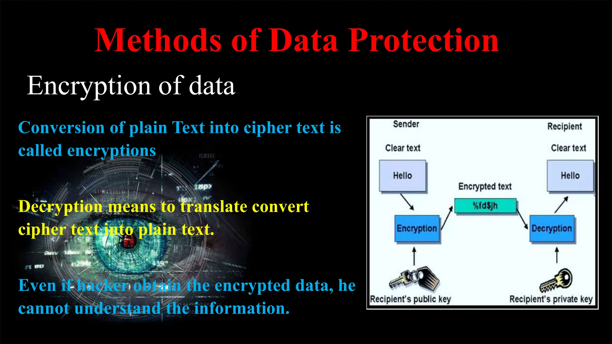 Methods of Data Protection
Encryption of data
Conversion of plain Text into cipher text is
called encryptions
Decryption means to translate convert
cipher text into plain text.
Even if hacker obtain the encrypted data, he
cannot understand the information.
 