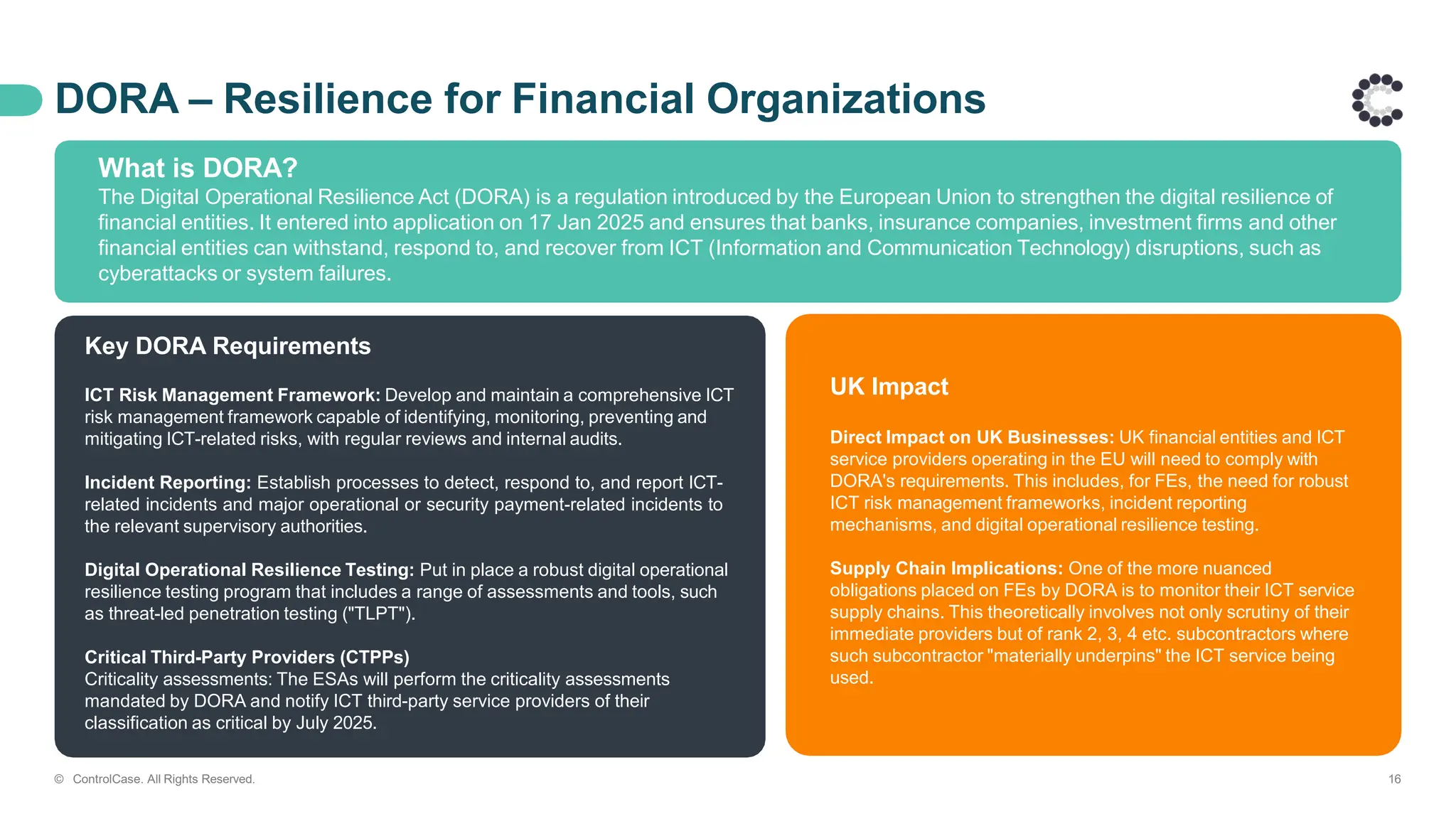 DORA – Resilience for Financial Organizations
© ControlCase. All Rights Reserved. 16
What is DORA?
The Digital Operational Resilience Act (DORA) is a regulation introduced by the European Union to strengthen the digital resilience of
financial entities. It entered into application on 17 Jan 2025 and ensures that banks, insurance companies, investment firms and other
financial entities can withstand, respond to, and recover from ICT (Information and Communication Technology) disruptions, such as
cyberattacks or system failures.
Key DORA Requirements
ICT Risk Management Framework: Develop and maintain a comprehensive ICT
risk management framework capable of identifying, monitoring, preventing and
mitigating ICT-related risks, with regular reviews and internal audits.
Incident Reporting: Establish processes to detect, respond to, and report ICT-
related incidents and major operational or security payment-related incidents to
the relevant supervisory authorities.
Digital Operational Resilience Testing: Put in place a robust digital operational
resilience testing program that includes a range of assessments and tools, such
as threat-led penetration testing ("TLPT").
Critical Third-Party Providers (CTPPs)
Criticality assessments: The ESAs will perform the criticality assessments
mandated by DORA and notify ICT third-party service providers of their
classification as critical by July 2025.
UK Impact
Direct Impact on UK Businesses: UK financial entities and ICT
service providers operating in the EU will need to comply with
DORA's requirements. This includes, for FEs, the need for robust
ICT risk management frameworks, incident reporting
mechanisms, and digital operational resilience testing.
Supply Chain Implications: One of the more nuanced
obligations placed on FEs by DORA is to monitor their ICT service
supply chains. This theoretically involves not only scrutiny of their
immediate providers but of rank 2, 3, 4 etc. subcontractors where
such subcontractor "materially underpins" the ICT service being
used.
 