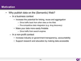 Motivation <ul><li>Why publish data on the (Semantic) Web? </li></ul><ul><ul><li>In a business context </li></ul></ul><ul>...