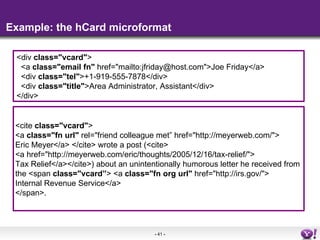 Example: the hCard microformat <cite  class=&quot;vcard&quot; > <a  class=&quot;fn url&quot;  rel=&quot;friend colleague m...