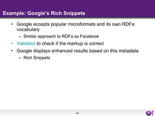 Example: Google’s Rich Snippets <ul><li>Google accepts popular microformats and its own RDFa vocabulary </li></ul><ul><ul>...
