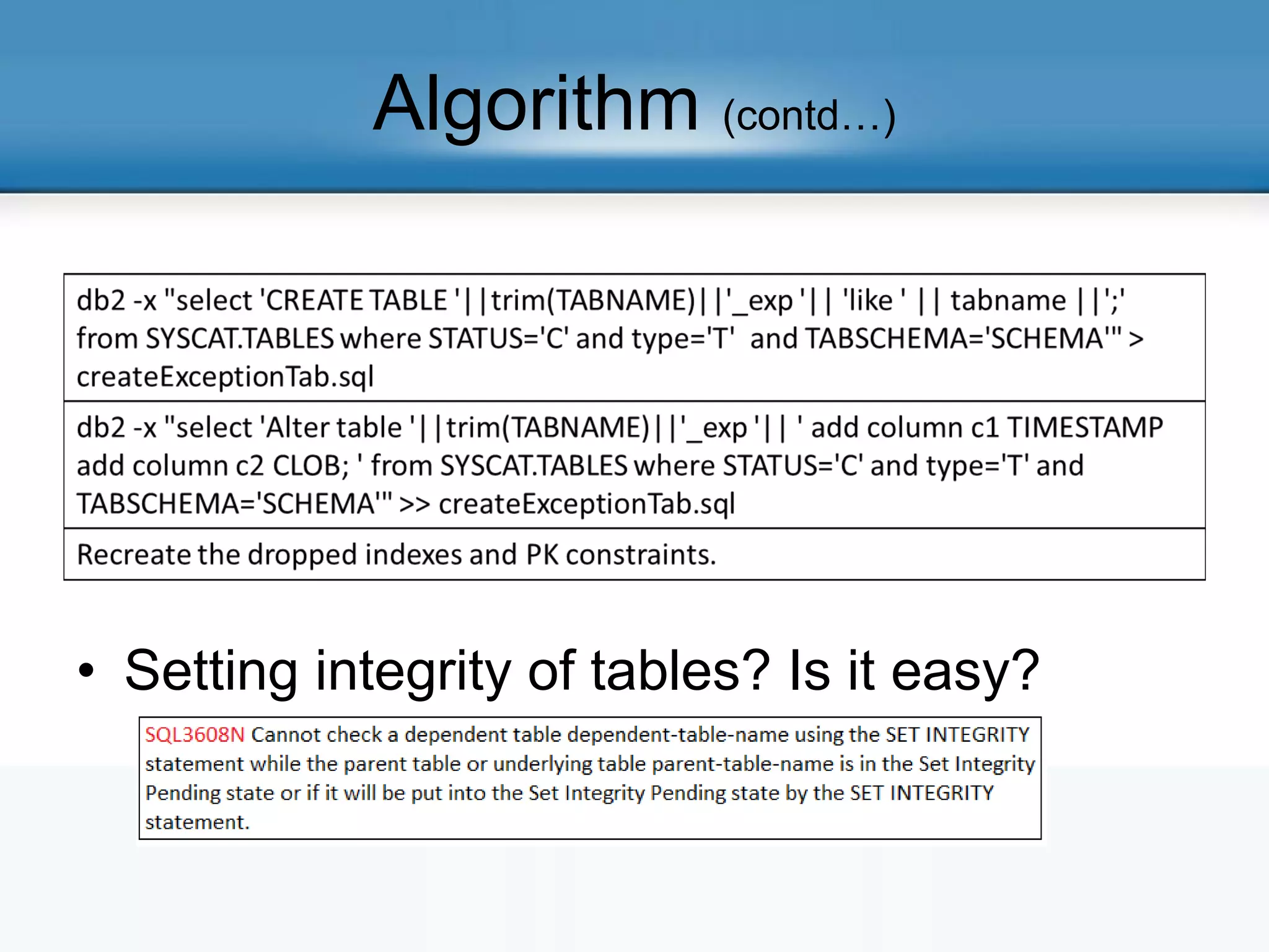 Algorithm (contd…)
• Setting integrity of tables? Is it easy?
 