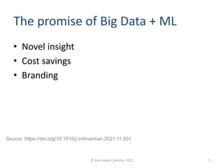 The promise of Big Data + ML
• Novel insight
• Cost savings
• Branding
© Ana Isabel Canhoto, 2023 5
Source: https://doi.org/10.1016/j.indmarman.2021.11.001
 