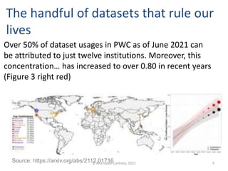 The handful of datasets that rule our
lives
© Ana Isabel Canhoto, 2023 9
Over 50% of dataset usages in PWC as of June 2021 can
be attributed to just twelve institutions. Moreover, this
concentration… has increased to over 0.80 in recent years
(Figure 3 right red)
Source: https://arxiv.org/abs/2112.01716
 