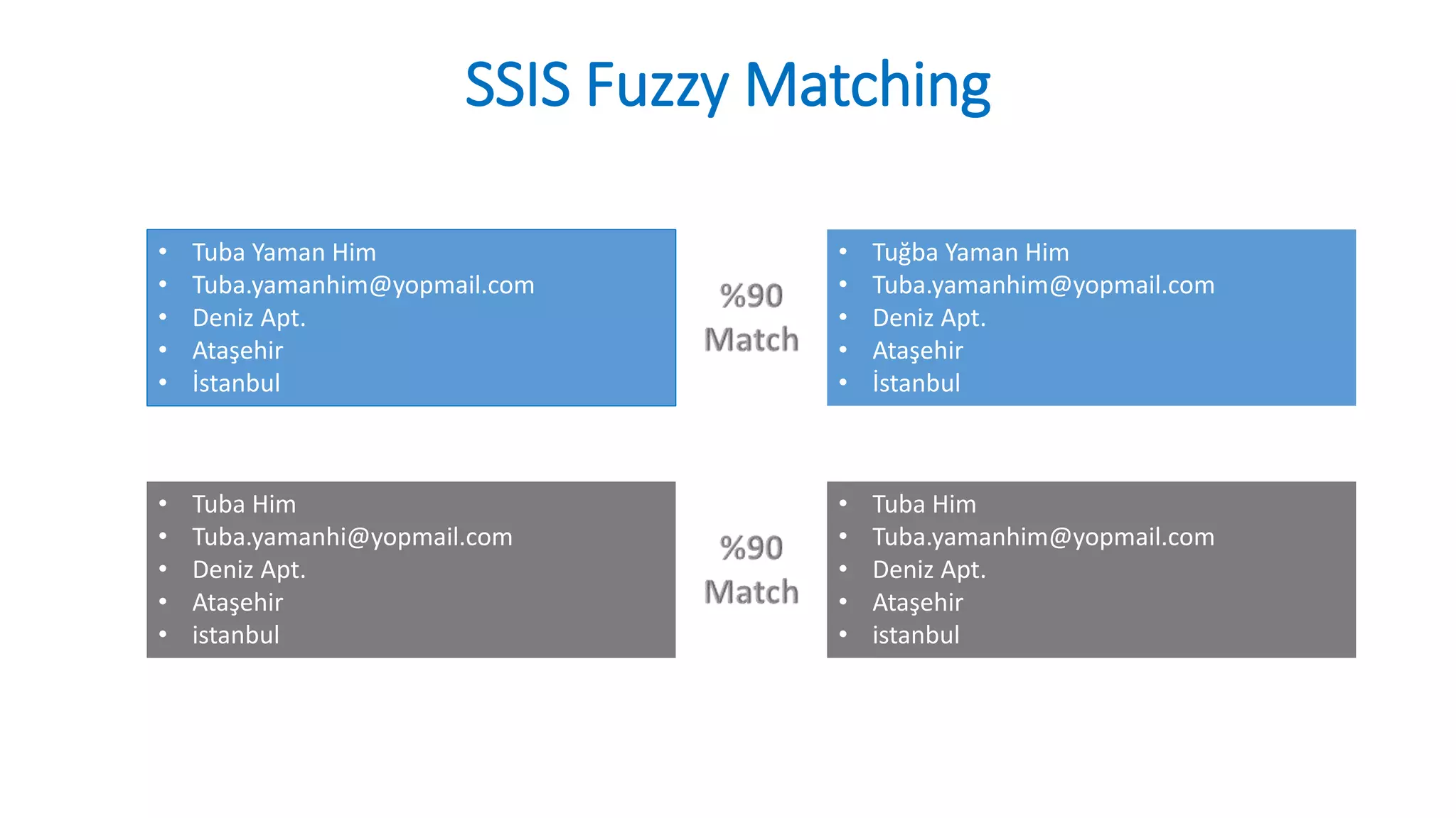 SSIS Fuzzy Matching
• Tuba Yaman Him
• Tuba.yamanhim@yopmail.com
• Deniz Apt.
• Ataşehir
• İstanbul
• Tuba Him
• Tuba.yamanhi@yopmail.com
• Deniz Apt.
• Ataşehir
• istanbul
• Tuğba Yaman Him
• Tuba.yamanhim@yopmail.com
• Deniz Apt.
• Ataşehir
• İstanbul
• Tuba Him
• Tuba.yamanhim@yopmail.com
• Deniz Apt.
• Ataşehir
• istanbul
 