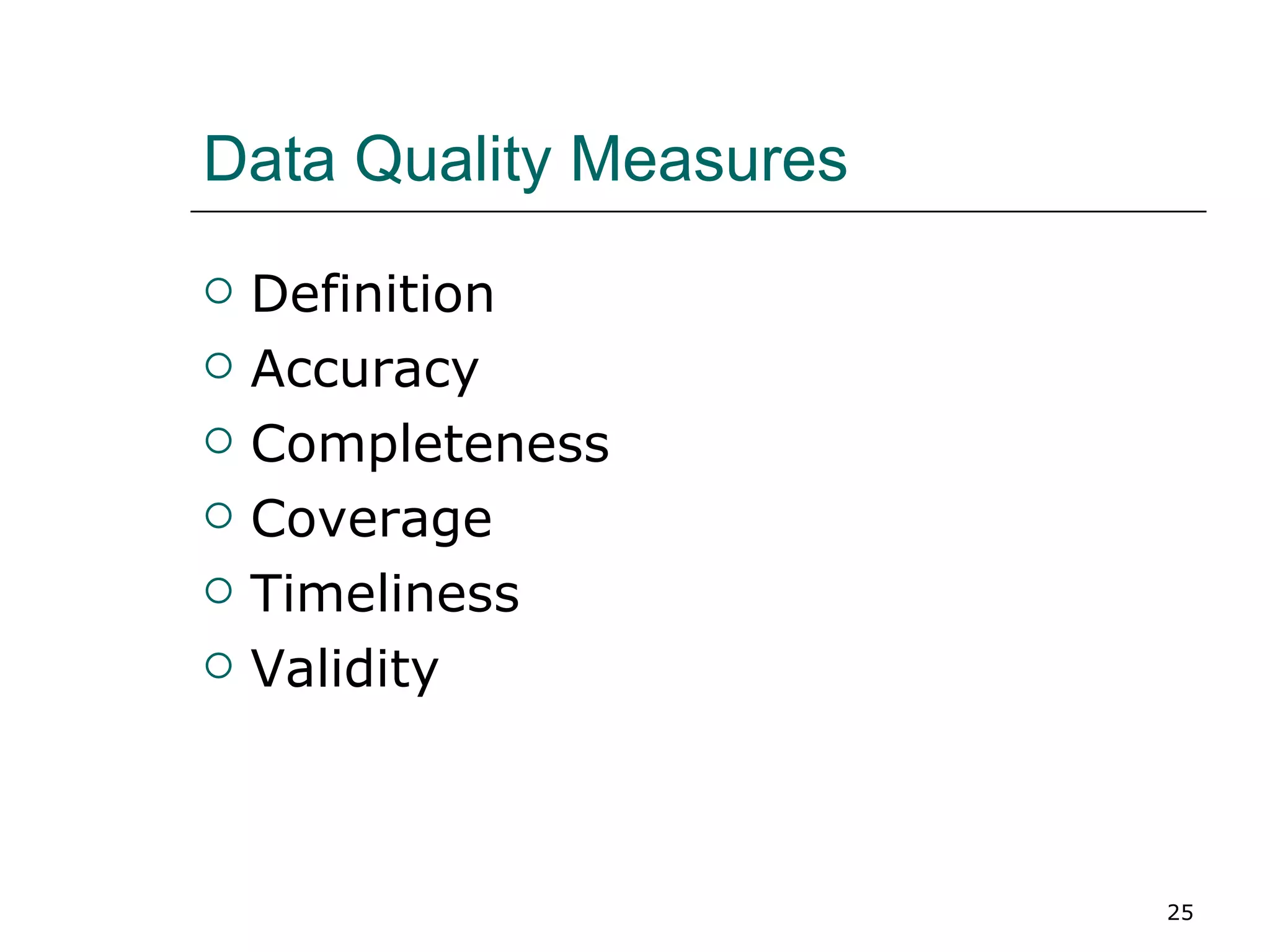 Data Quality Measures Definition Accuracy Completeness Coverage Timeliness Validity 