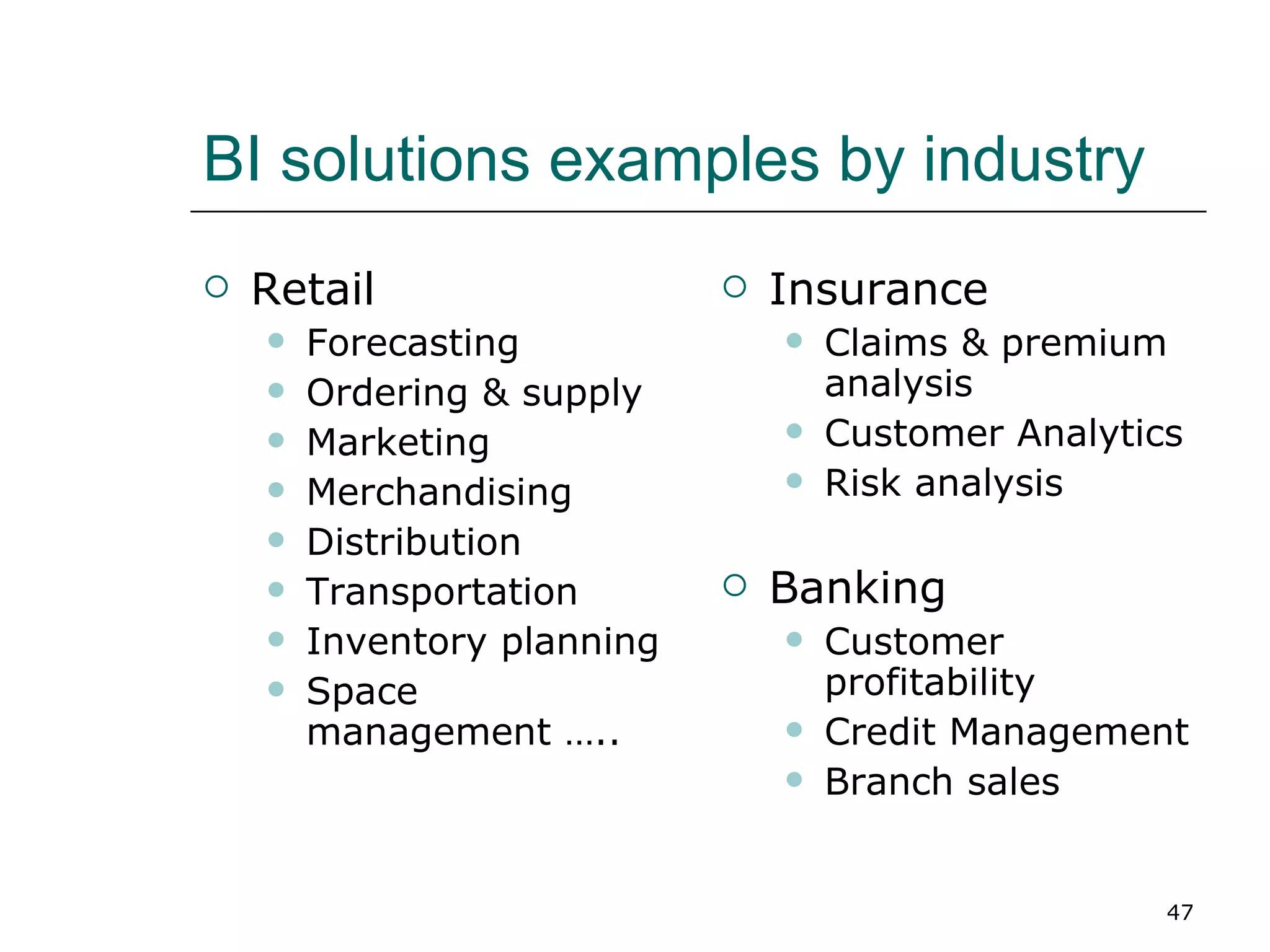BI solutions examples by industry Retail Forecasting Ordering & supply Marketing Merchandising Distribution Transportation Inventory planning  Space management ….. Insurance Claims & premium analysis Customer Analytics Risk analysis Banking Customer profitability Credit Management Branch sales 