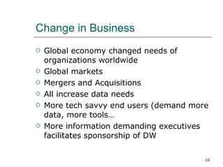 Change in Business Global economy changed needs of organizations worldwide Global markets Mergers and Acquisitions All increase data needs More tech savvy end users (demand more data, more tools… More information demanding executives facilitates sponsorship of DW 