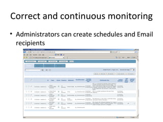 Correct and continuous monitoring
• Administrators can create schedules and Email
  recipients
 