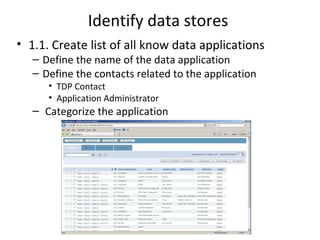 Identify data stores
• 1.1. Create list of all know data applications
   – Define the name of the data application
   – Define the contacts related to the application
      • TDP Contact
      • Application Administrator
   – Categorize the application
 