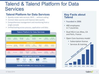 © Talend 2014 
2 
Key Facts about Talend 
•Founded in 2006 
•400 employees in 7 countries 
•Dual HQ in Los Altos, CA and Paris, France 
•Open Core business model 
•Subscription license 
•Services & training 
Talend Platform for Data Services 
•Quickly create web services, REST, … without coding 
•Connect data sources and improve data quality 
•Comprehensive management and monitoring from a single console 
•Unified tooling across process, application and data 
Talend & Talend Platform for Data Services 
2007 2008 2009 2010 2011 2012 2013  