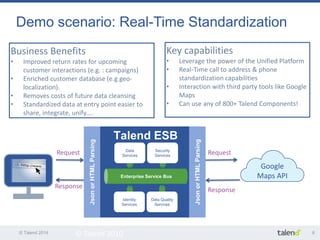 © Talend 2014 
8 
Demo scenario: Real-Time Standardization 
© Talend 2010 
Key capabilities 
•Leverage the power of the Unified Platform 
•Real-Time call to address & phone standardization capabilities 
•Interaction with third party tools like Google Maps 
•Can use any of 800+ Talend Components! 
Request 
JSON or XML Parsing 
JSON or XML Parsing 
Talend ESB 
Enterprise Service Bus 
Data 
Services 
Security 
Services 
Data Quality Services 
Request 
Response 
Json or HTML Parsing 
Json or HTML Parsing 
Google 
Maps API 
Business Benefits 
•Improved return rates for upcoming customer interactions (e.g. : campaigns) 
•Enriched customer database (e.g geo- localization). 
•Removes costs of future data cleansing 
•Standardized data at entry point easier to share, integrate, unify…. 
Request 
Response 
Identity 
Services  