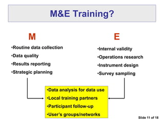 M&E Training?
M
•Routine data collection
•Data quality
•Results reporting
•Strategic planning
E
•Internal validity
•Operations research
•Instrument design
•Survey sampling
•Data analysis for data use
•Local training partners
•Participant follow-up
•User’s groups/networks
Slide 11 of 18
 