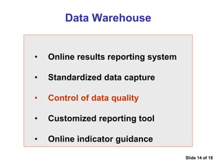 Data Warehouse
• Online results reporting system
• Standardized data capture
• Control of data quality
• Customized reporting tool
• Online indicator guidance
Slide 14 of 18
 