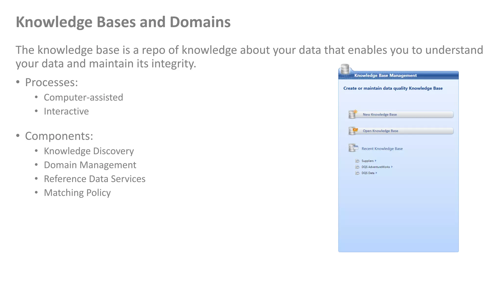 Knowledge Bases and Domains
The knowledge base is a repo of knowledge about your data that enables you to understand
your data and maintain its integrity.
• Processes:
• Computer-assisted
• Interactive
• Components:
• Knowledge Discovery
• Domain Management
• Reference Data Services
• Matching Policy
 