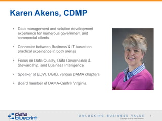 Copyright 2016 by Data Blueprint
3
Karen Akens, CDMP
• Data management and solution development
experience for numerous government and
commercial clients
• Connector between Business & IT based on
practical experience in both arenas
• Focus on Data Quality, Data Governance &
Stewardship, and Business Intelligence
• Speaker at EDW, DGIQ, various DAMA chapters
• Board member of DAMA-Central Virginia.
 