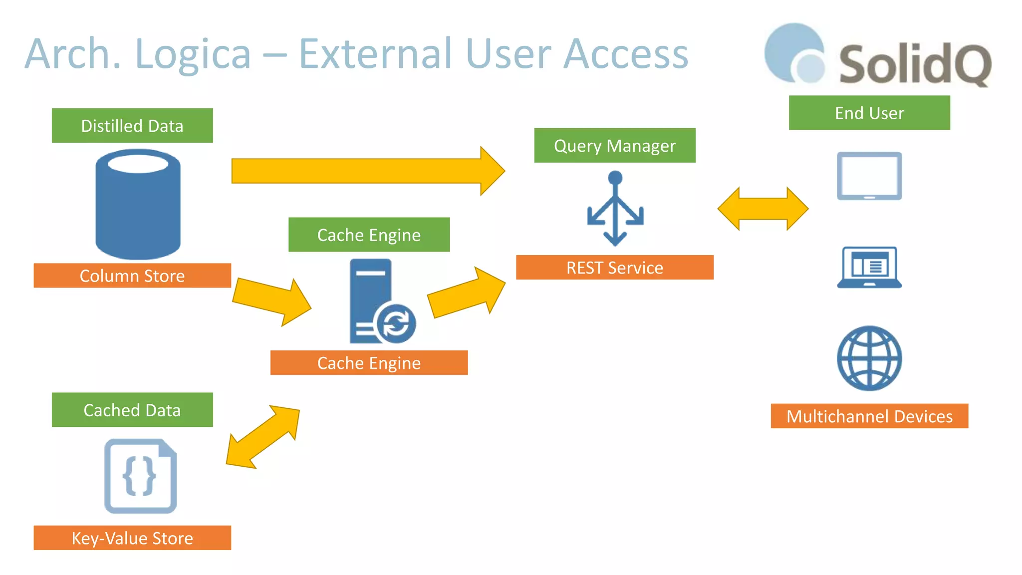 Arch. Logica – External User Access
Distilled Data
Column Store
End User
REST Service
Cache Engine
Query Manager
Cache Engine
Key-Value Store
Cached Data Multichannel Devices
 